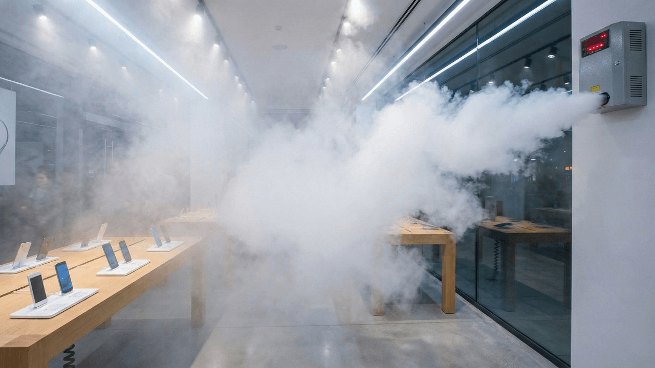 Brouillard anti cambriolage dans un magasin high-tech