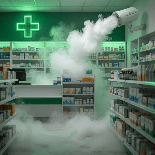 Brouillard anti cambriolage dans une pharmacie