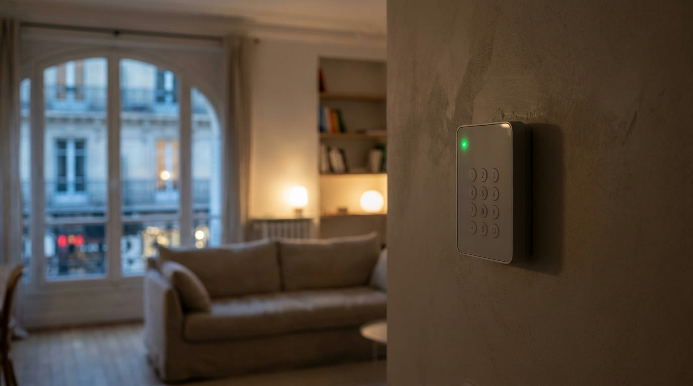 Clavier d'alarme sans fil mural avec LED verte armée, intérieur de maison française moderne en arrière-plan flou