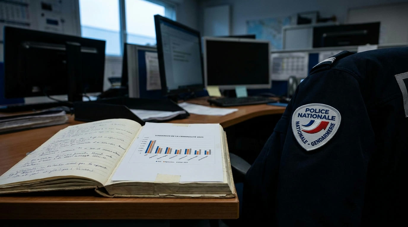 Insigne de police française posé sur un bureau avec carnet de notes et graphique de statistiques