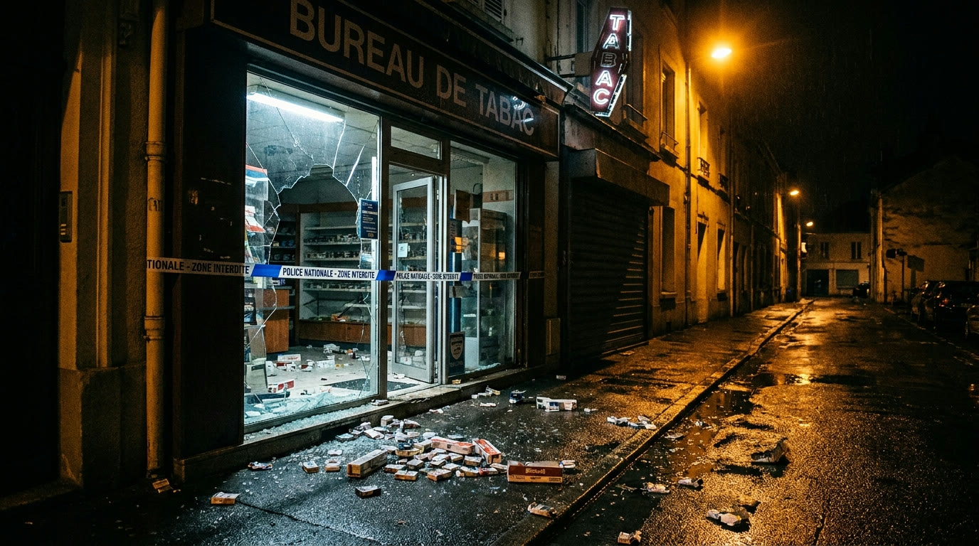 Vitrine d'un bureau de tabac brisée la nuit avec ruban de police, scène de cambriolage
