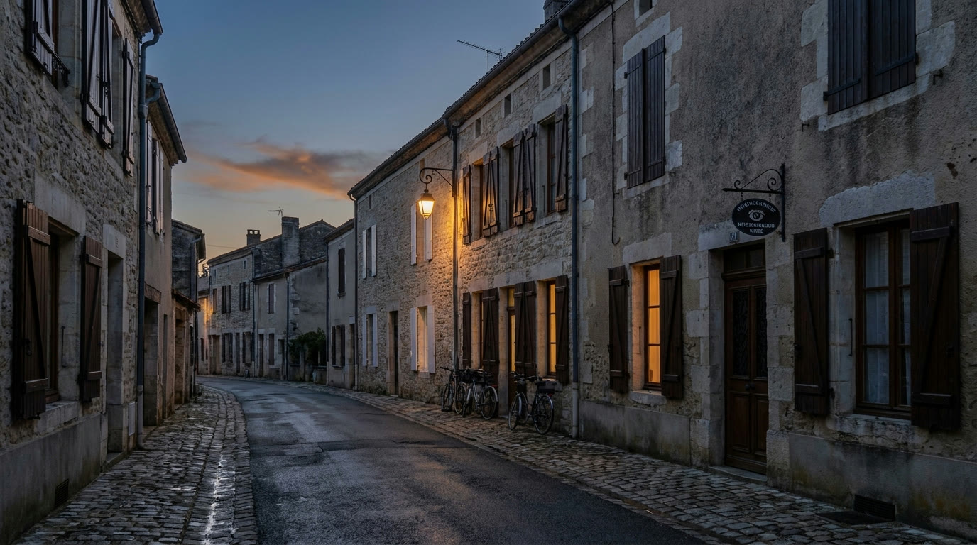 Rue résidentielle française au crépuscule avec maisons en pierre traditionnelles aux volets fermés
