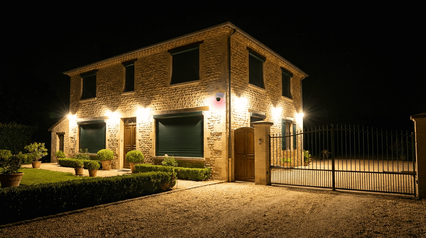 Maison rurale française sécurisée avec éclairage et caméra de surveillance